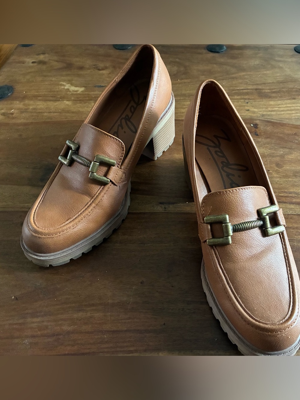 Tan Chunky Heeled Loafers with Metal Bit